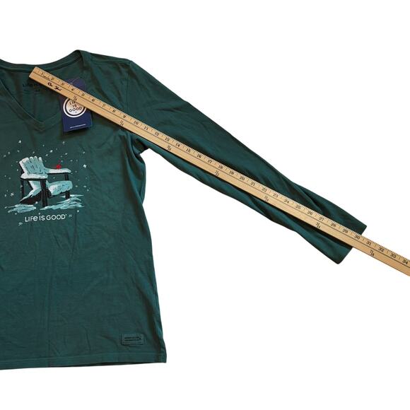 Life is Good Crusher T Shirt Womens Medium Green V Neck Long Sleeve Adirondack - Picture 8 of 8